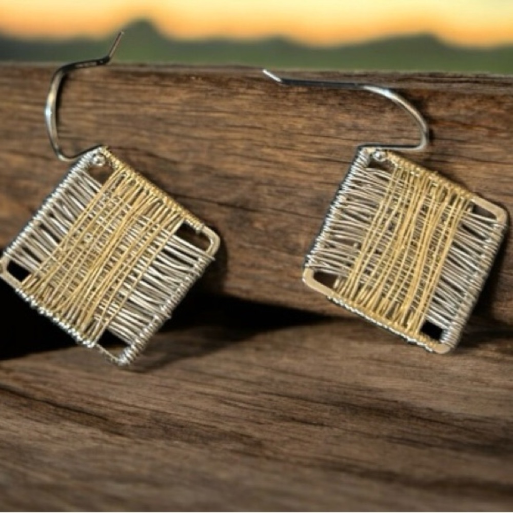 Silver and Gold Woven Square Earrings handmade. Sterling silver ear wire.